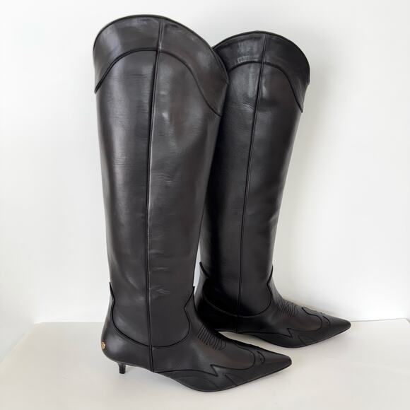 Anine Bing Rae Tall Leather Boots Kitten Heel Western Black 40 (US 10) - Picture 6 of 16